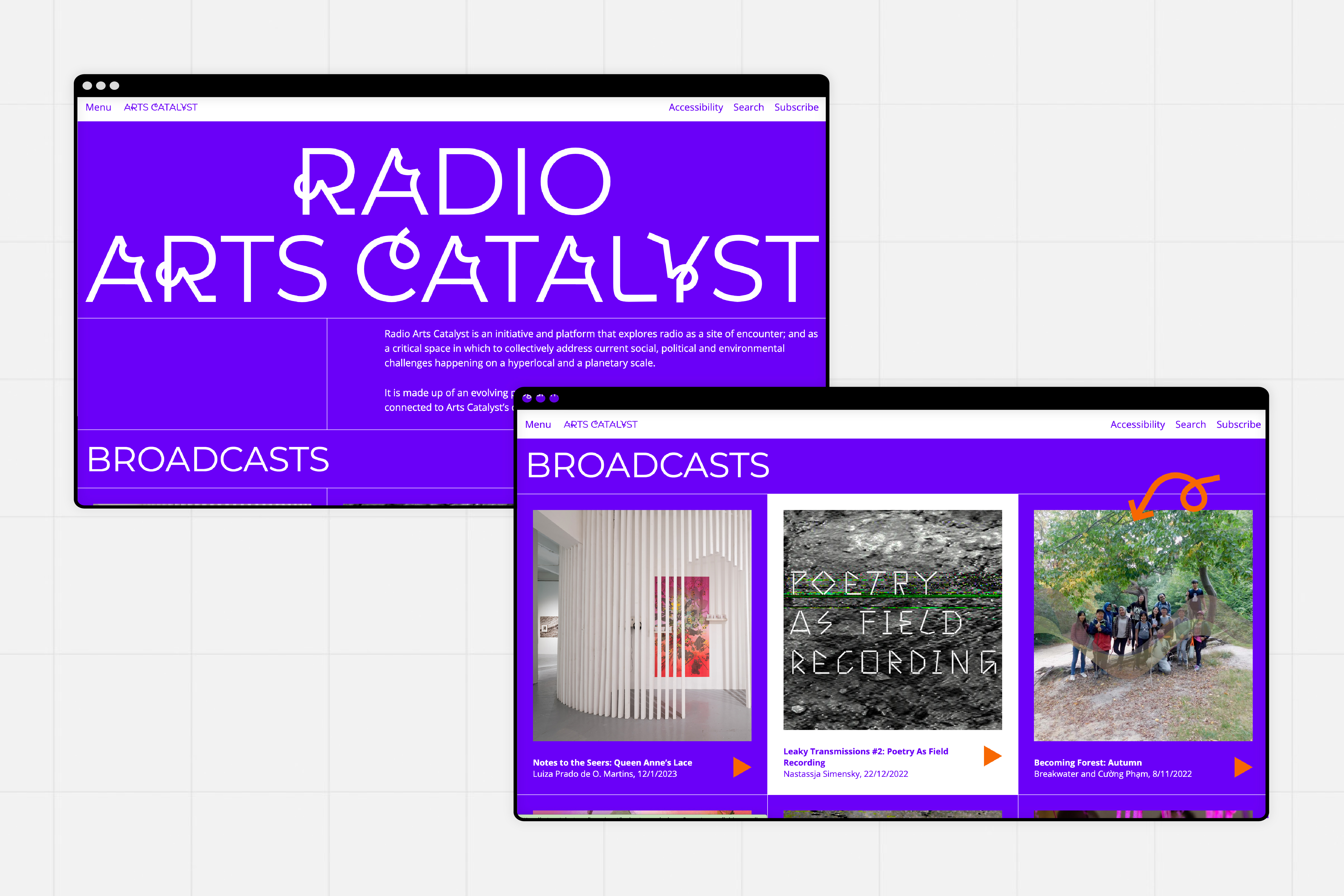 Two desktop on screen both showing the arts catalyst website, one shows the Radio Arts Catalyst Website page and the other shows the selections of broadcasts available to listen to