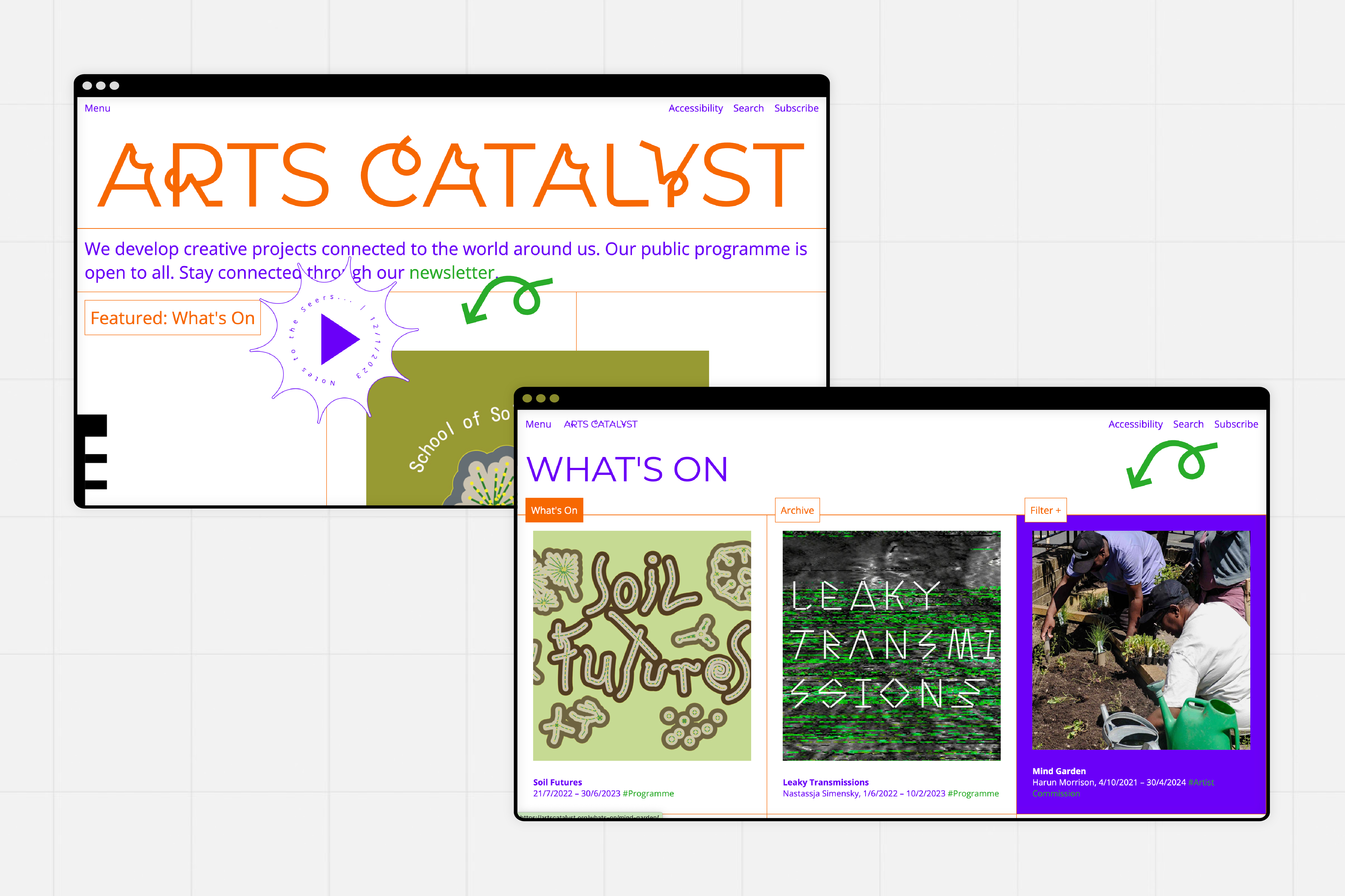 two desktops with displaying the arts catalyst website, one desktop shows the homepage and the other shows the what's on page