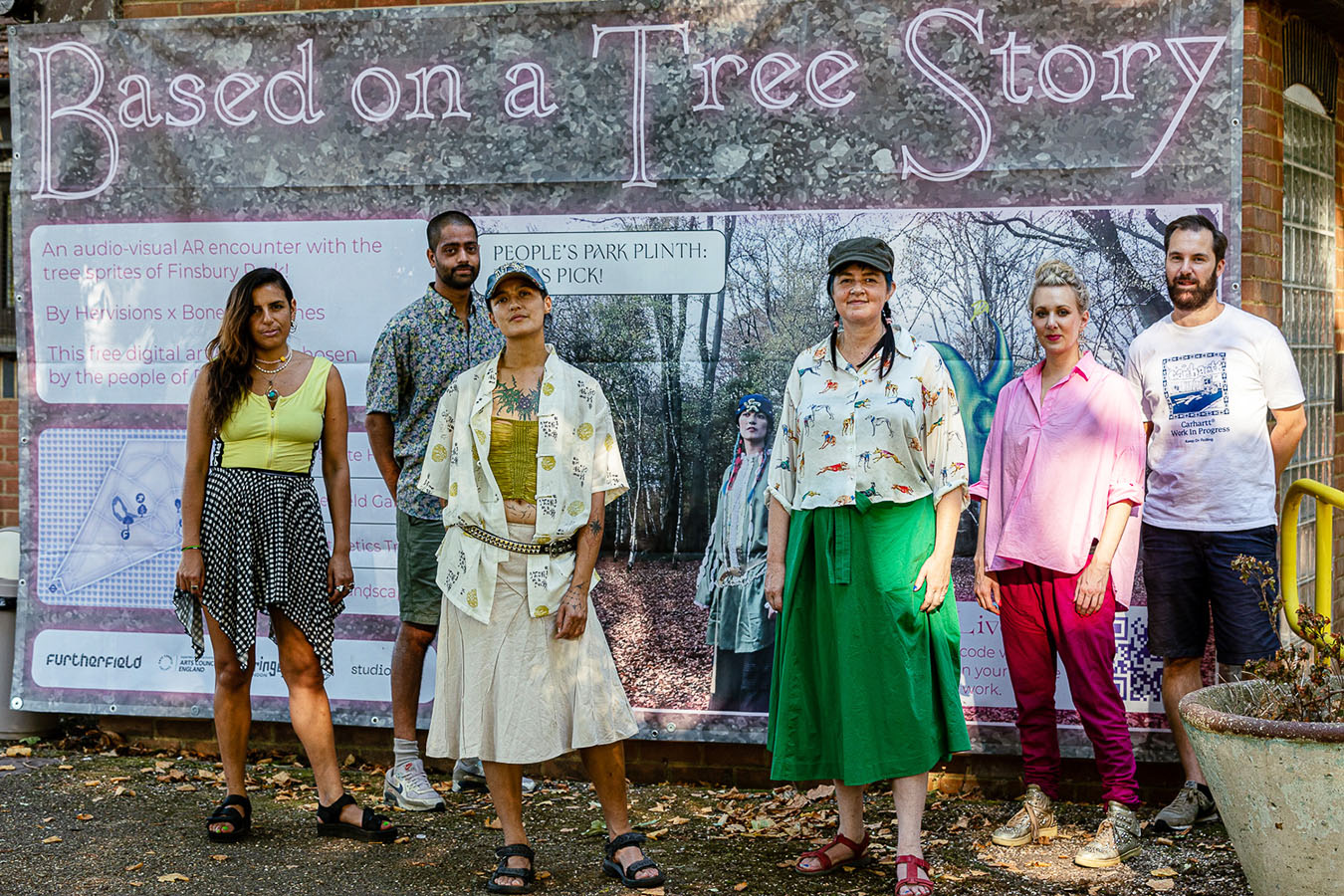 a group of six people standing in front a Based on a tree story banner on Furthfield Gallery