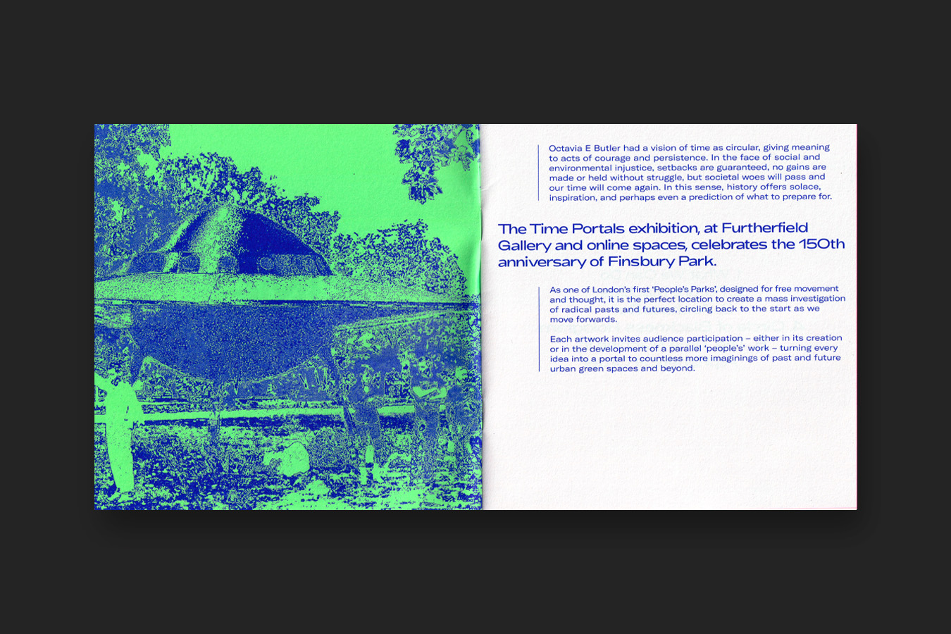 A scan time portals booklet with blue type. The left page shows a neon green and blue image of a spaceship which has a halftone effect on it, the right page has two paragraphs of text.