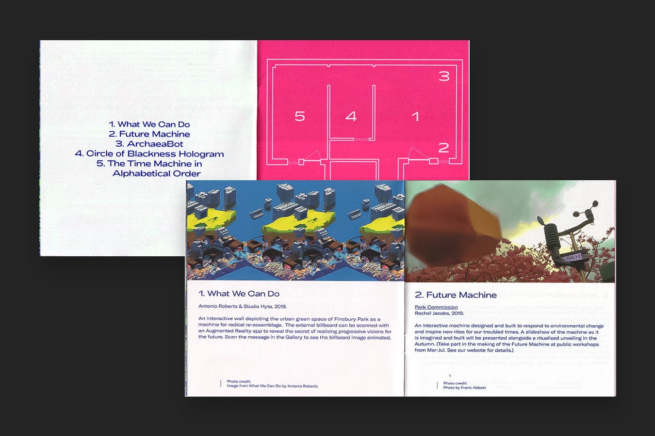 two scans of time portals booklets. The front spread has images at the top of both pages with blue text underneath, the left photo shows a sci-fi floating island image, the right shows a weather anemometer in front of a pink blossom tree with a blurred orange 3D shape in the front of the image. The spread in the background has a neon pink map of further field gallery and a contents on the opposite page.
