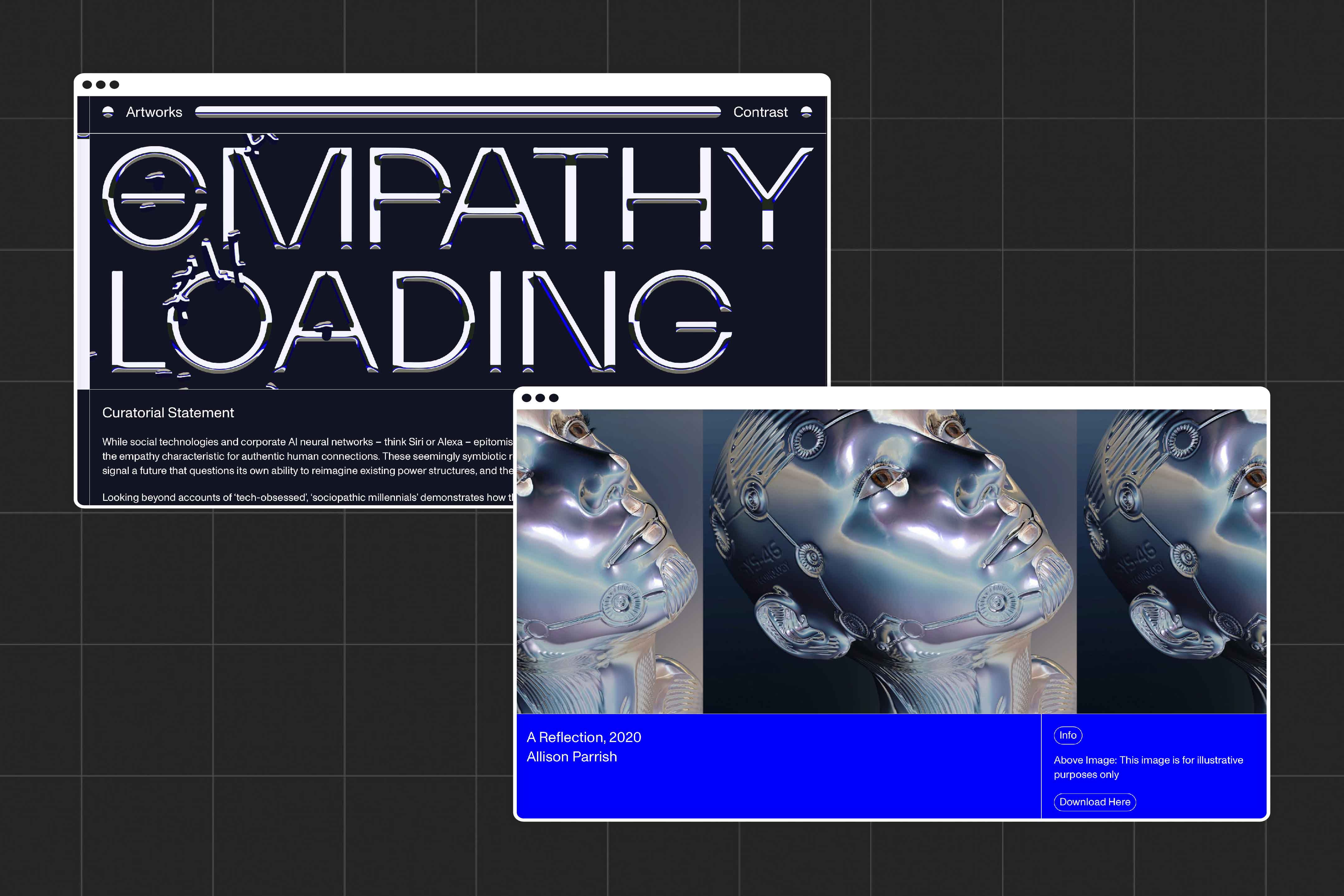 two desktops showing the empathy loading website. The desktop in the foreground shows a repeated image of a robot face with information underneath, the desktop on the background shows the empathy loading homepage but in inverted colours