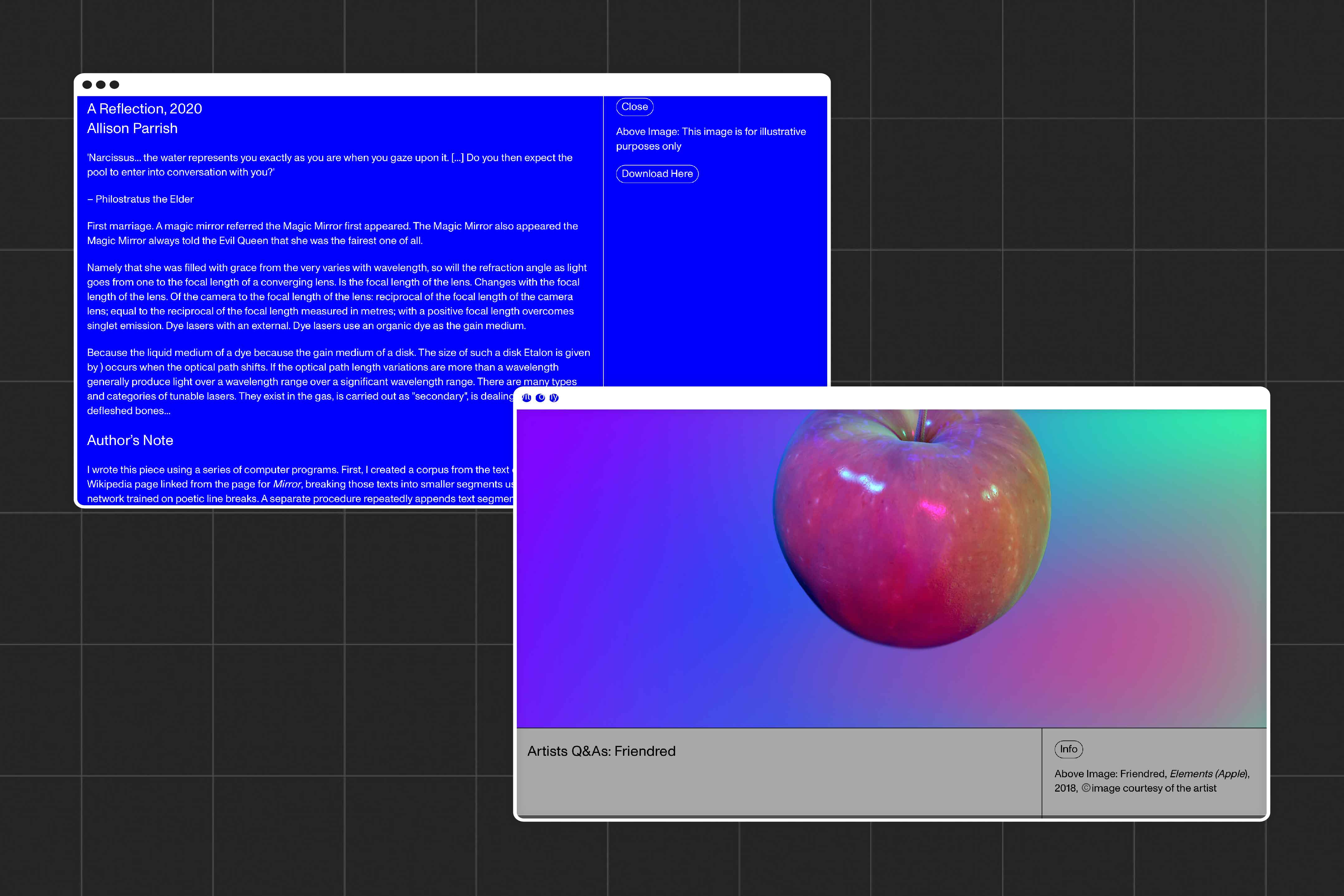 two desktops showing the empathy loading website. The desktop in the foreground shows a colour edited image of a 3D apple, the desktop in the background shows white text ob a RGB blue background.