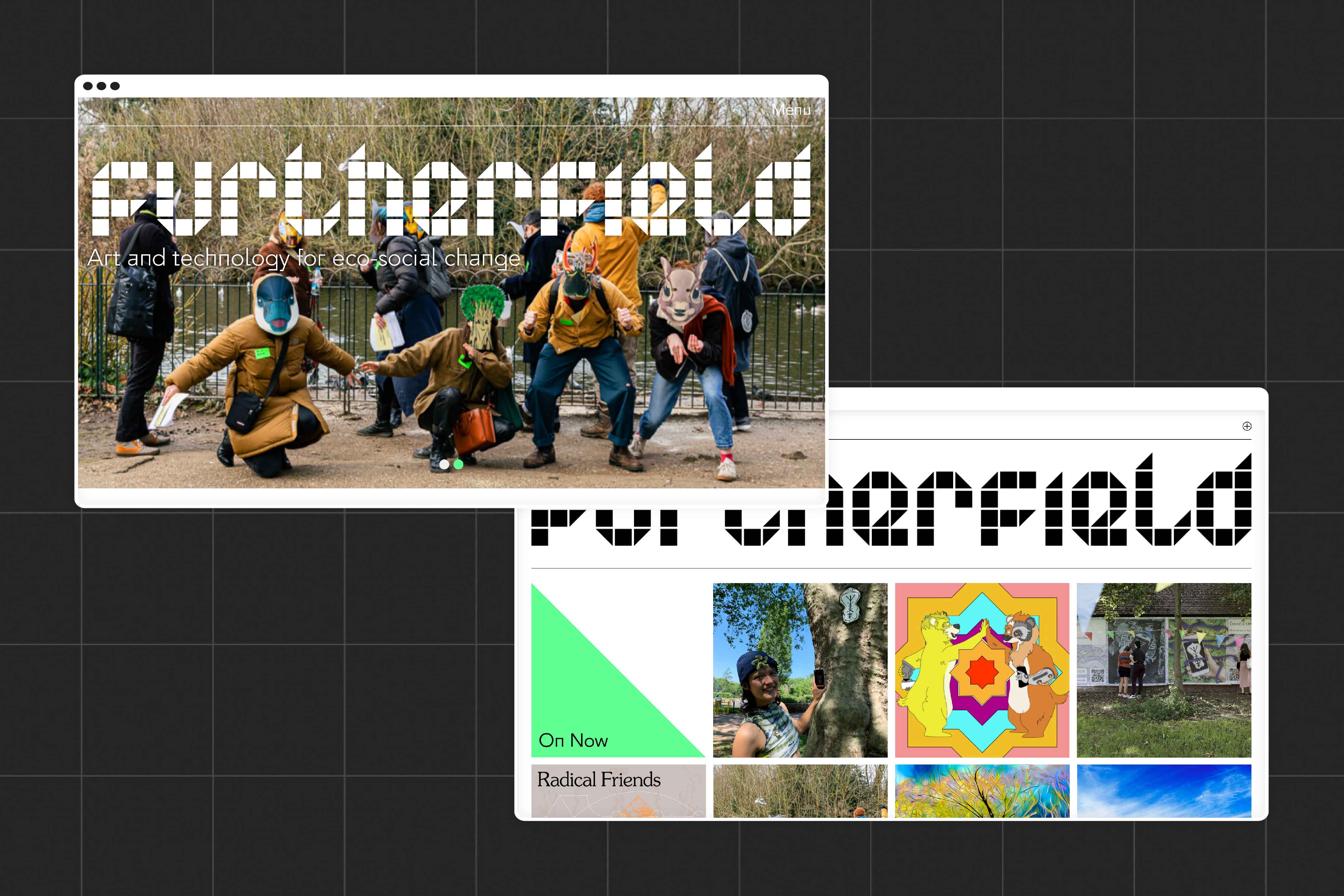 Furtherfield website homepage, showing members of the community wearing masks, a second image shows the furtherfield websites programme of events