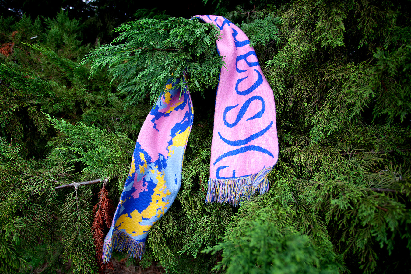A scarf produced as part of the iiii project, in this image the scarf is hanging from the branch of a tree. The scarf is based around iiii's ability to be self-aware, the scarf has the word scarf written on it multiple times, sitting on top of bright colours and textures that make the scarf desirable to members of the public