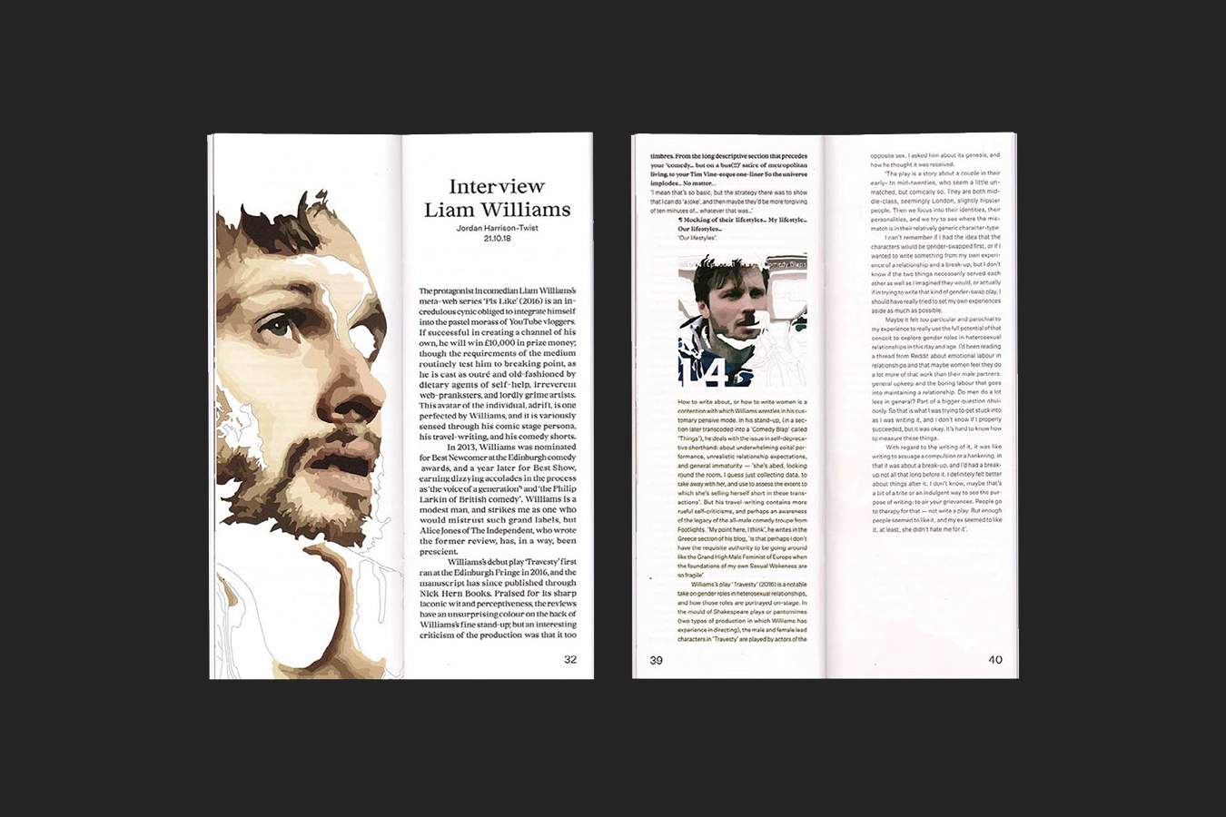 An image on one of the interviews inside the iiii publication, on the left hand side of the spread there's a large illustration of the individual being interviewed, the illustration is designed in such a way to make use of the image treatment that is part of the visual identity