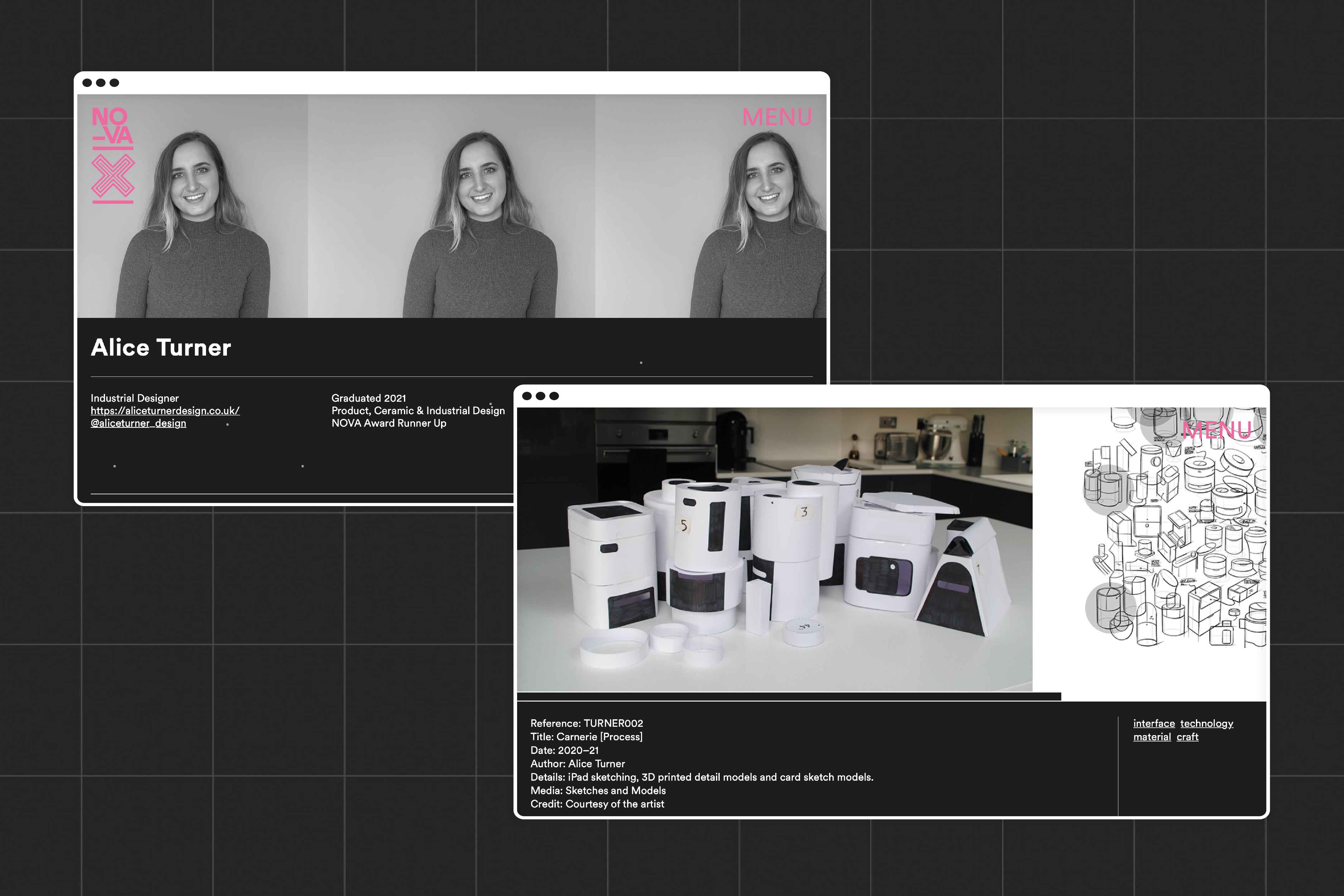 Images of the Nova-X website showing a student page, with the work of the student who had won a Nova award. The second image shows the students work with information about the details of the work and how it was produced.