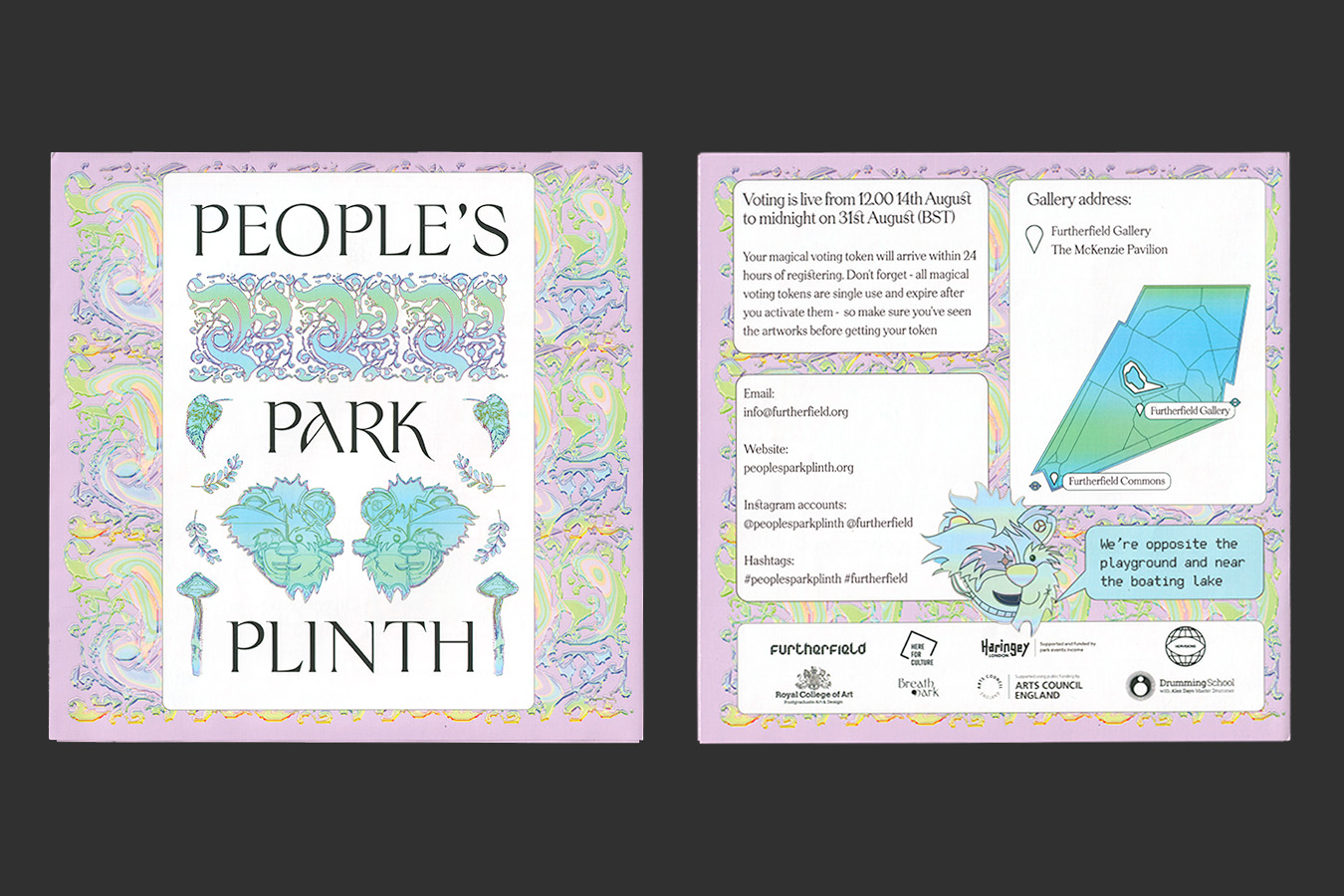 A scan of the People's Park Plinth booklet, the front cover says People's Park Plinth in decorative type, between the letters are shiny gradient leaf illustrations and cyber teddy bears