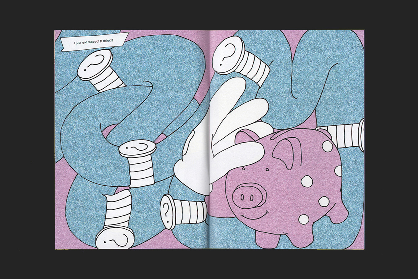 A double page illustration of elongated blue arms with white hands holding a pink piggy bank