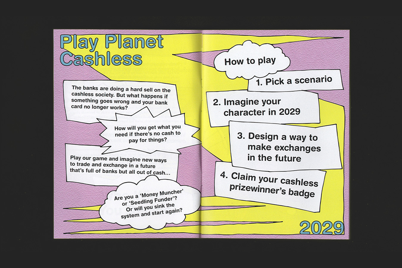 a close up image of the booklet, the double page spread shows how to play the planet cashless game