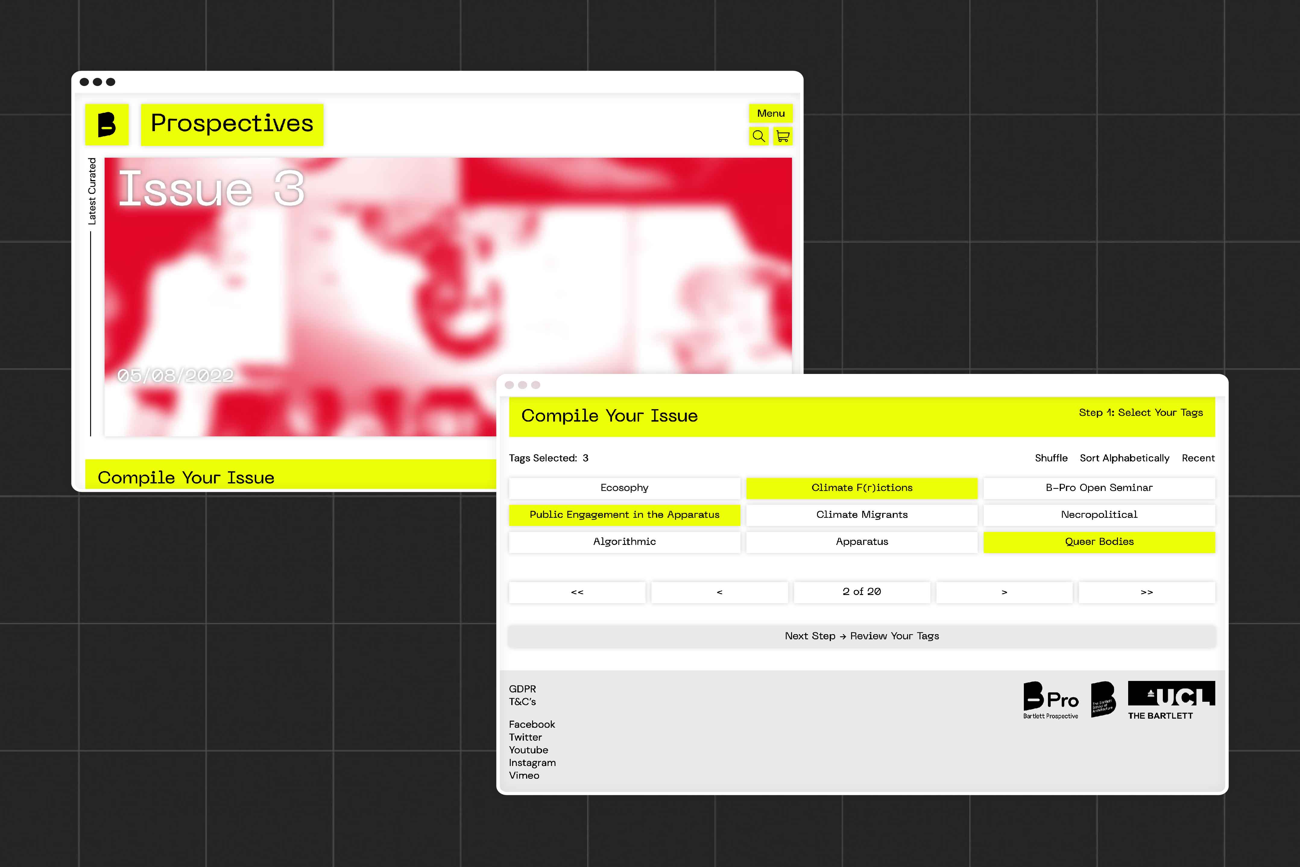 An image of the prospectives website, showing the homepage with a large red, blurred hero image. A second image shows how users use the website to build a original Issue using tags based on themes.