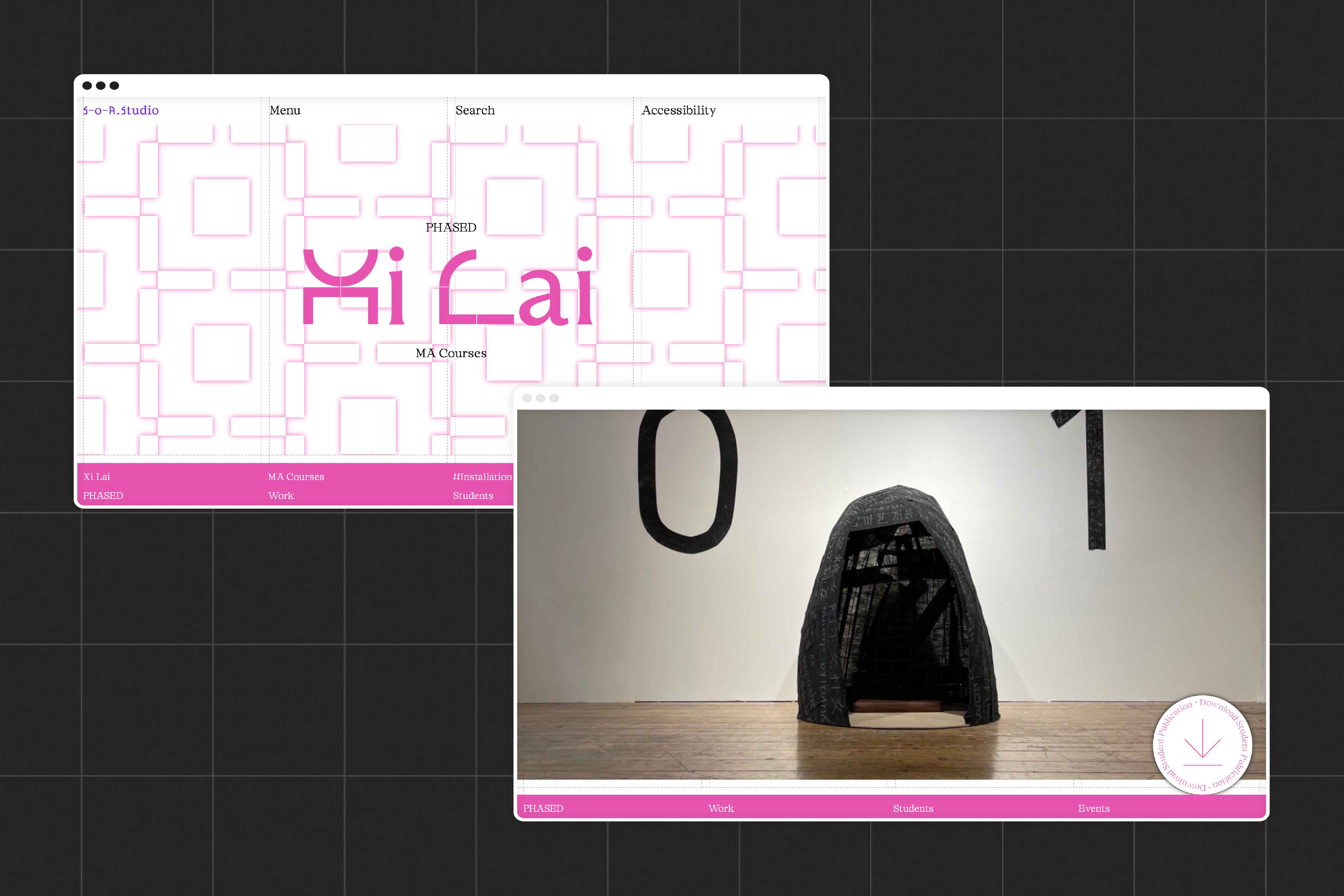Website images showing Xi Lai's work, the first image shows the Xi Lai's name in the branding fonts, pink and stylish, merging the two fonts together. The second image shows an image of Xi Lai's work.