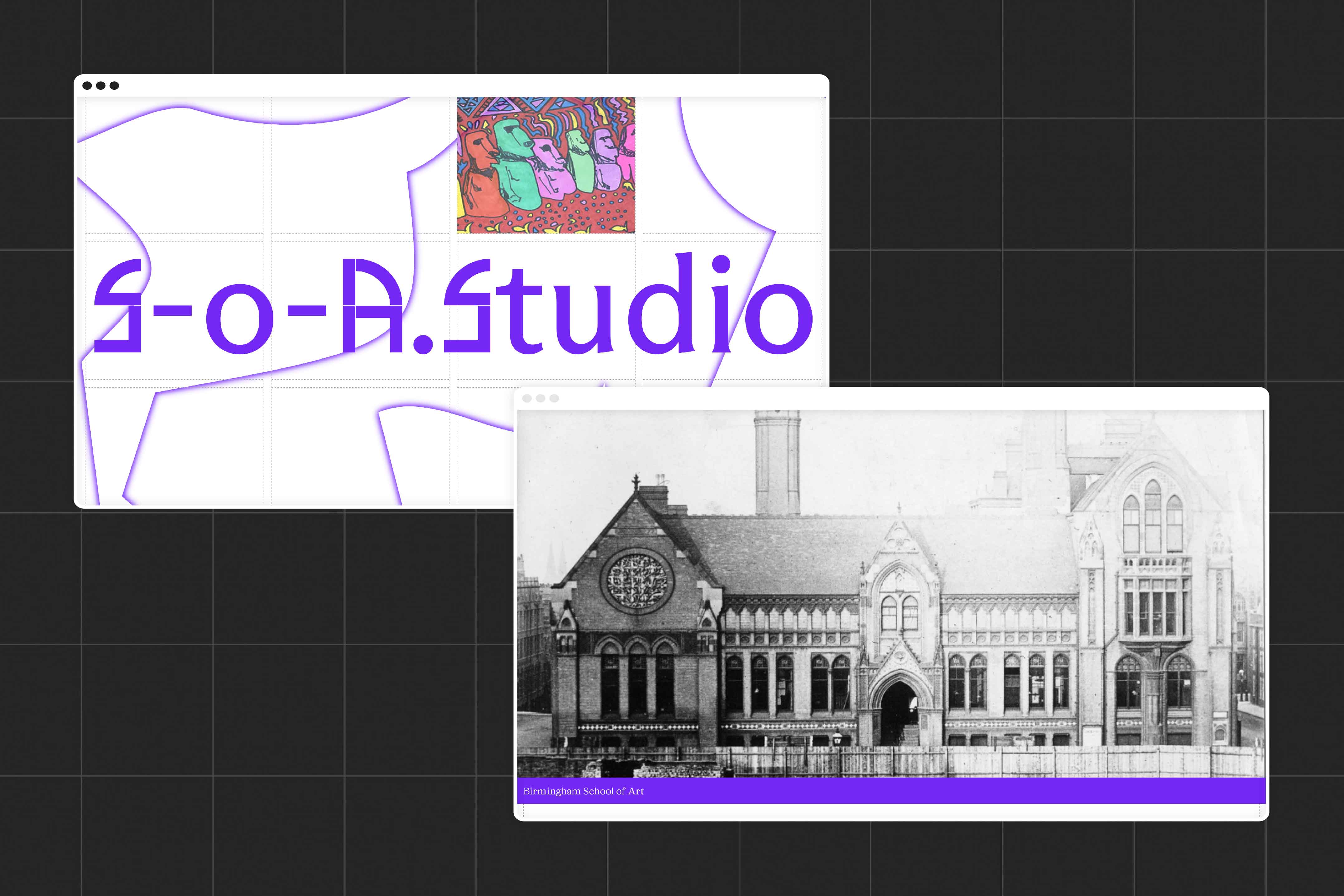 S-o-a studio splash page showing a loaded image and branding, a second image is from the about page showing an old image of Birmingham school of art