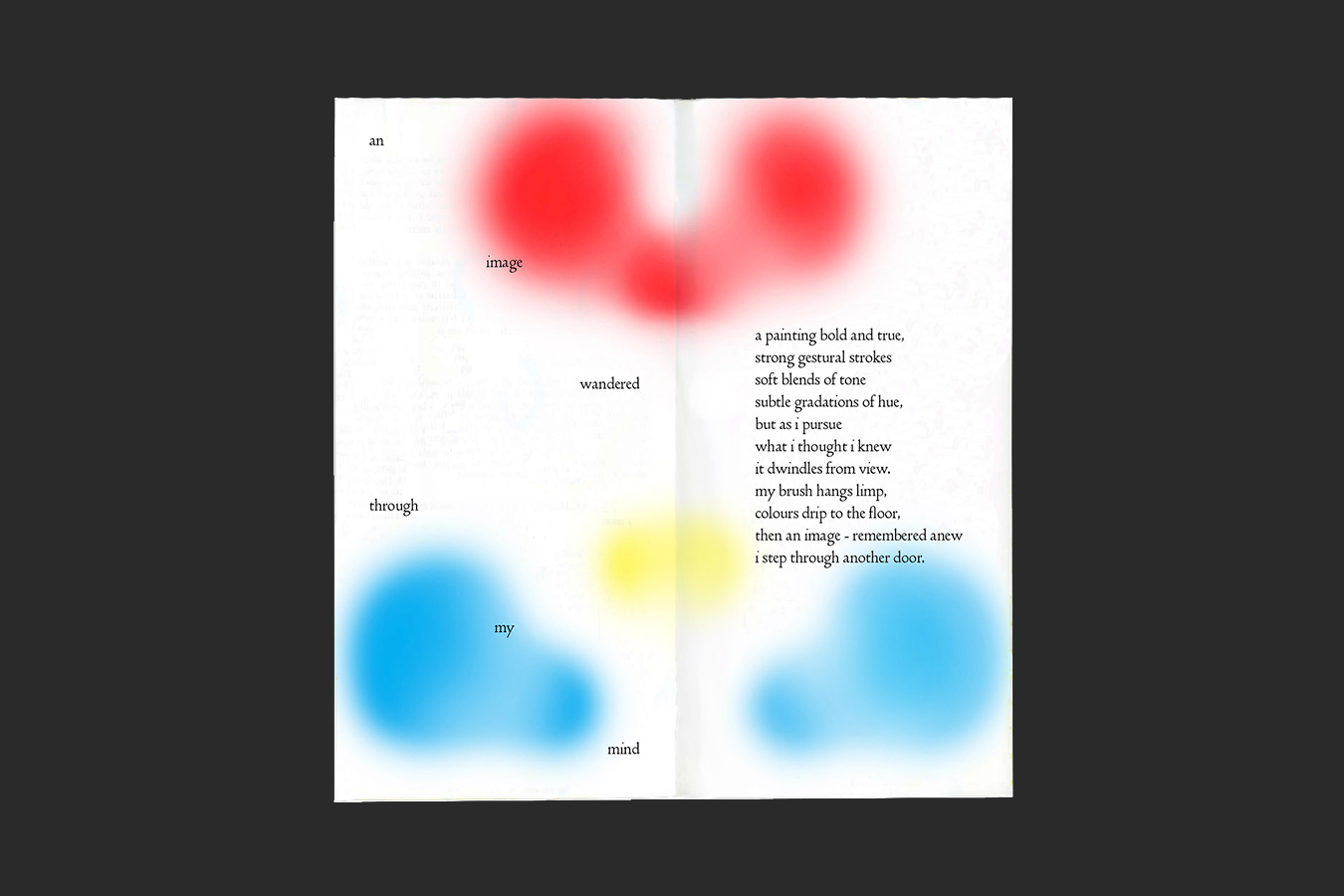 A scan of the Studio Sink Poetry booklet, a double page spread with type floating on the left page and a left aligned list of lines on the left, the pages have a symmetrical blue, yellow and red smudge on it.
