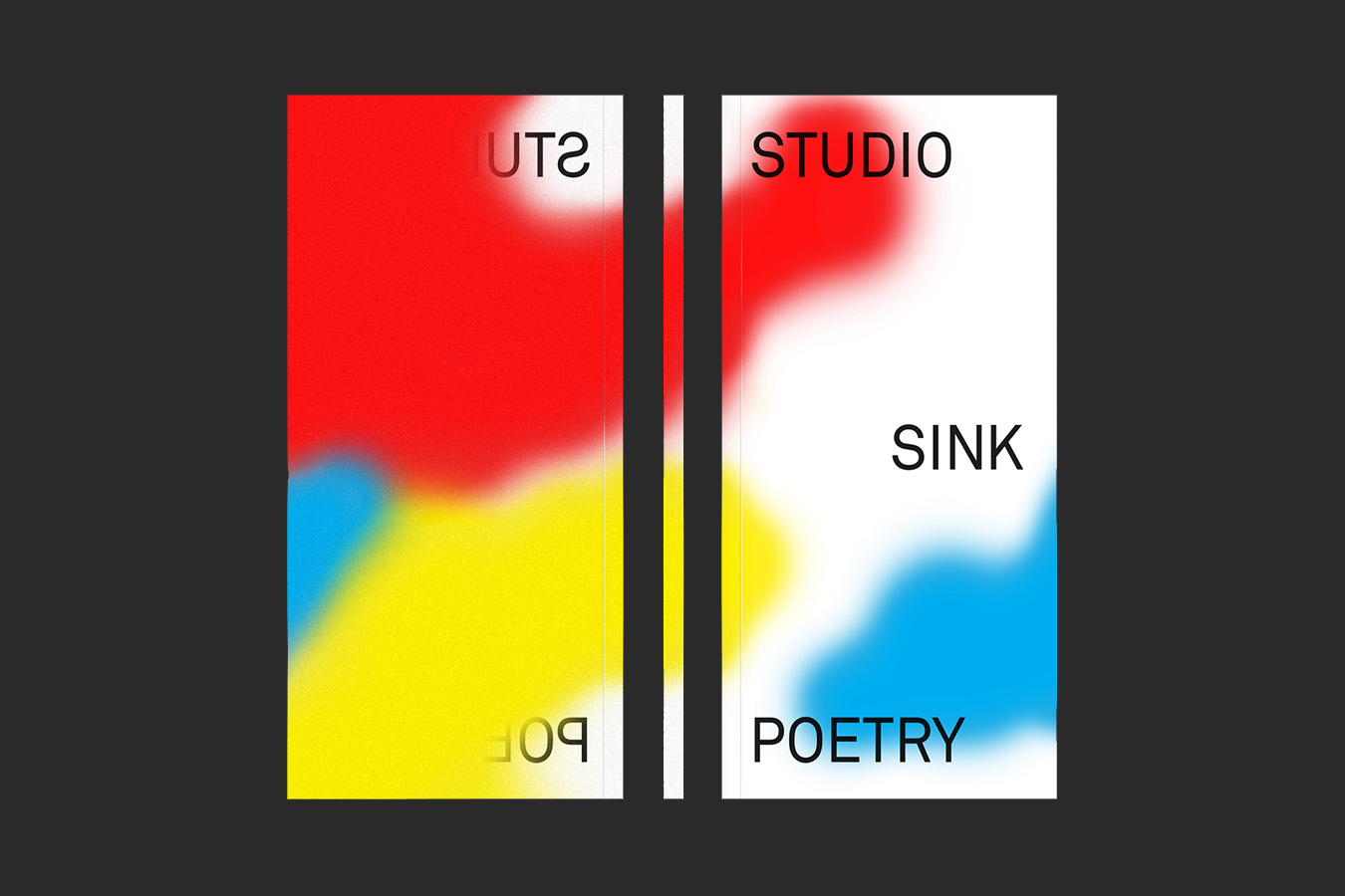 A scan of the Studio Sink Poetry booklet, the front cover saying studio sink poetry with a blue, red and yellow airbrush smudge, the back page has the smudge continued