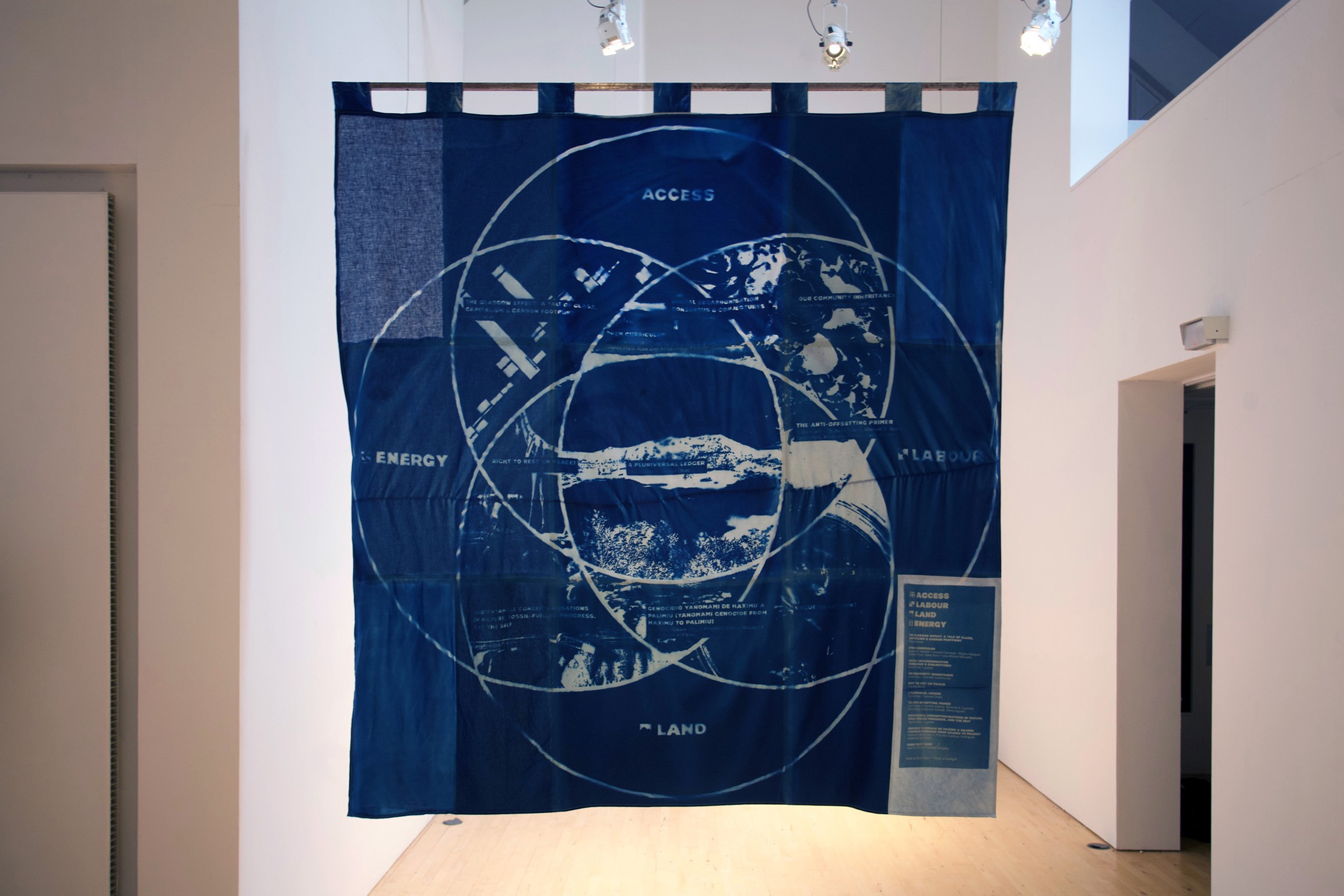 alt: A large hanging blue textile which has used the the cyanotype process to print a large ven diagram infographic onto it.