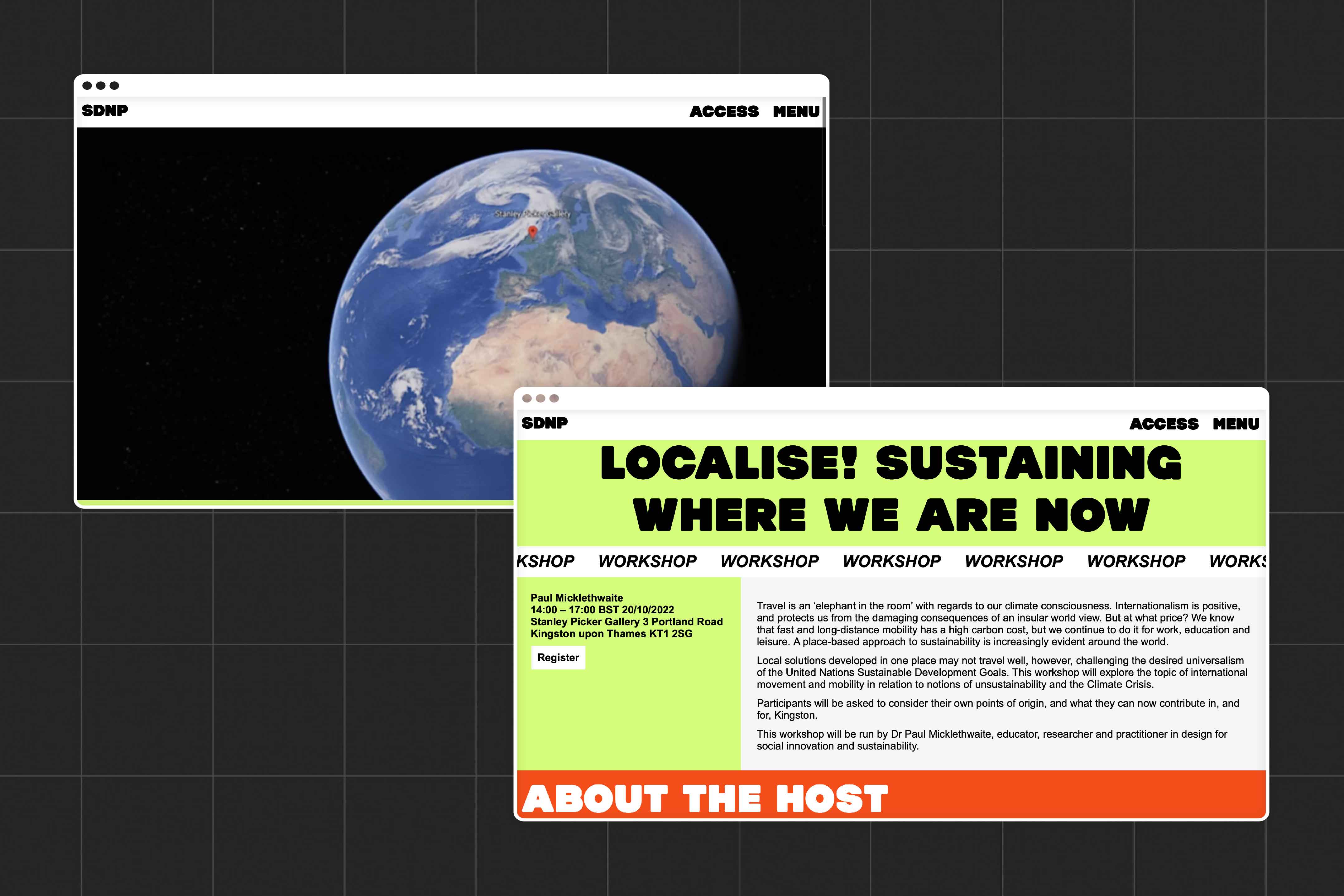 Two images of a workshop page on the SDNP website. The first is a view of the world, with the location of Stanley picker gallery pointed to by a large red pointer, The second shows more information about the 'Localise! Sustaining where we are now' workshop.