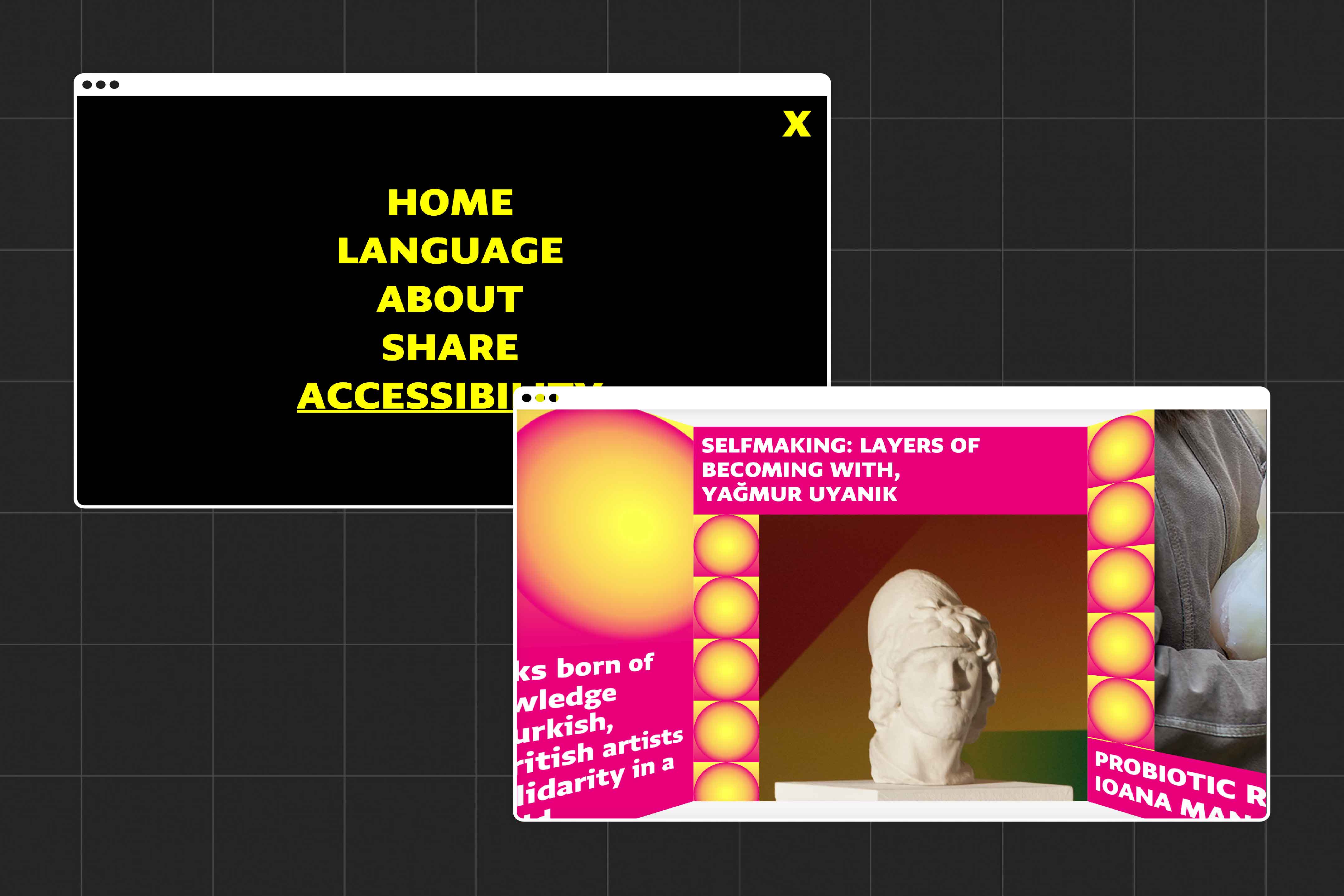 The image shows two parts of the website, the first is the menu overlay which shows the pages and access features on the website. The second shows the specially built carousal used on the website, to create a sense of being inside the Gallery space.