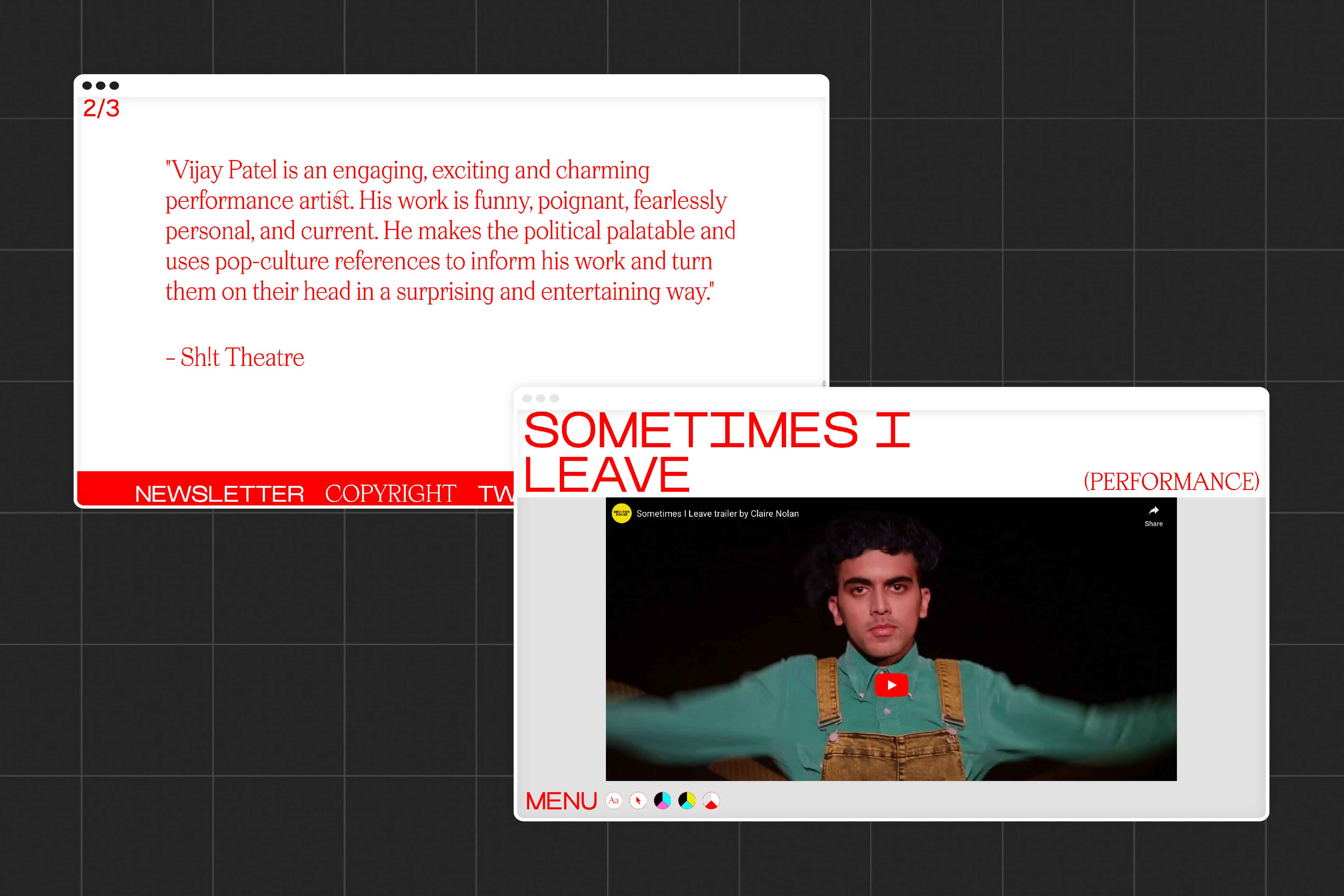 Image shows some of Vijay's reviews and a page for the 'Sometimes I Leave' performance