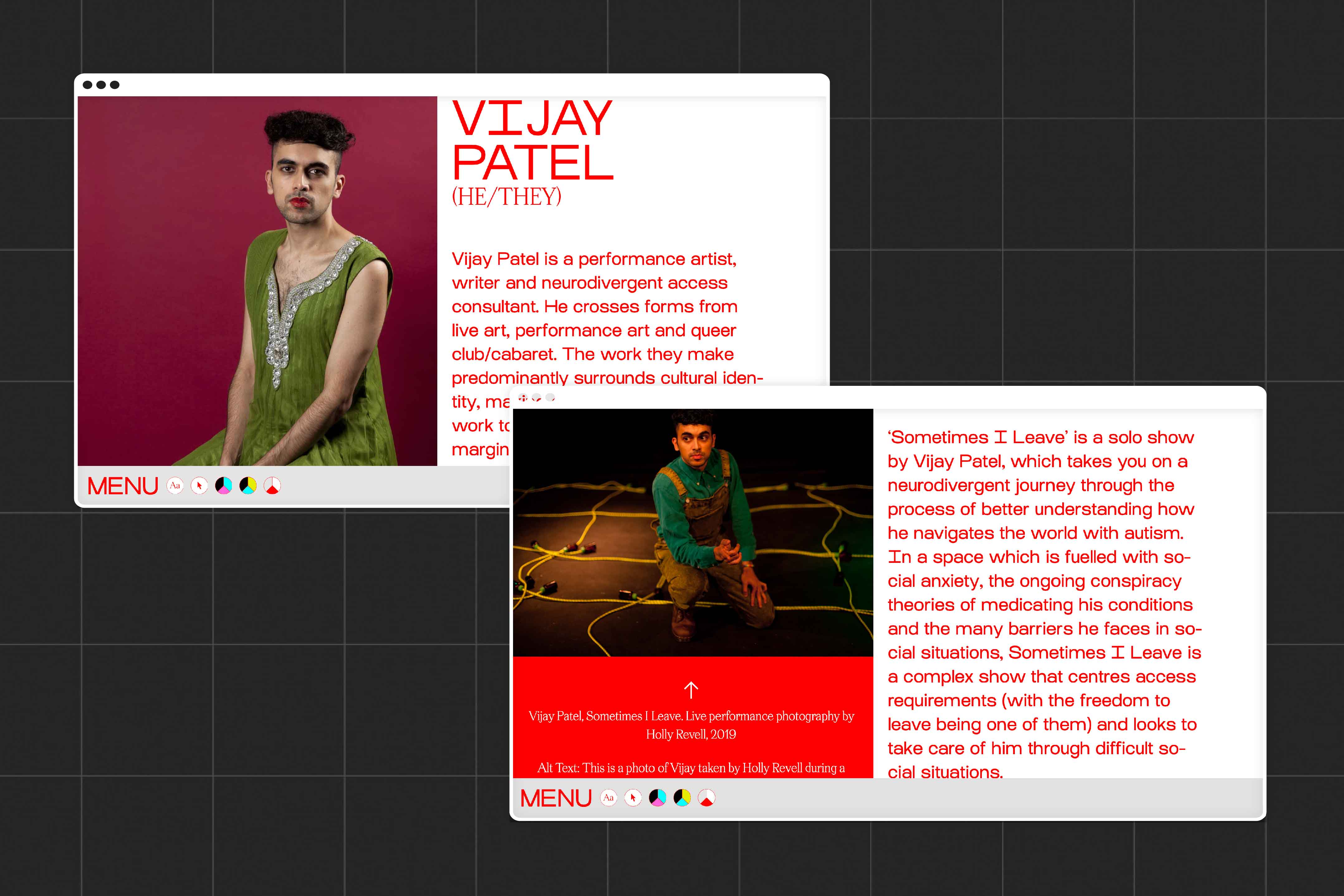 The image shows Vijay's about page, with images and text describing/showing Vijay as a performer