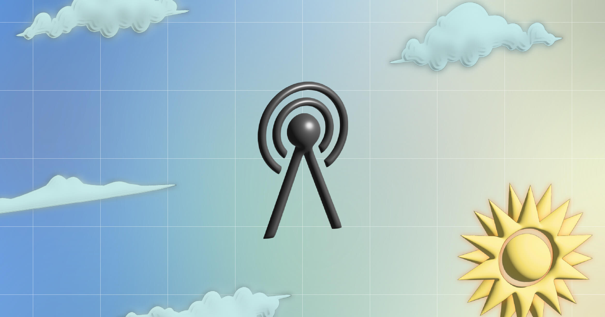 6 icons in front of a blue background with a white grid. The Middle is a station icon, the bottom right is a sun icon and the rest are variations of cloud icons.